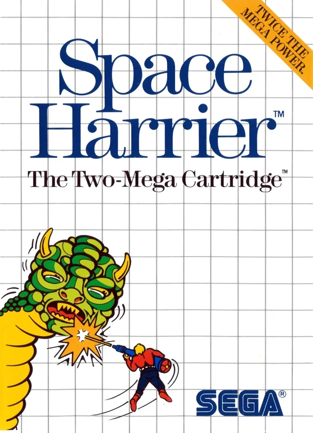 Caràtula europea de Space Harrier per a Sega Master System, amb Harrier disparant contra una criatura verda.