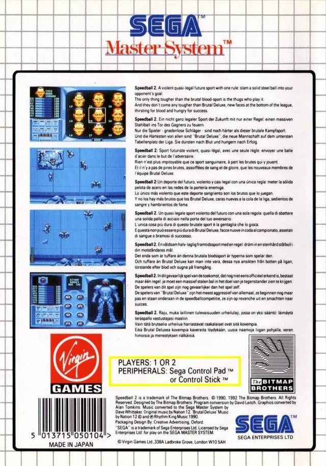 Contracoberta europea de Speedball 2 per a Sega Master System, amb captures i textos multilingües.