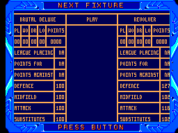 Pantalla Next Fixture amb Brutal Deluxe, Revolver i els valors dels dos equips.