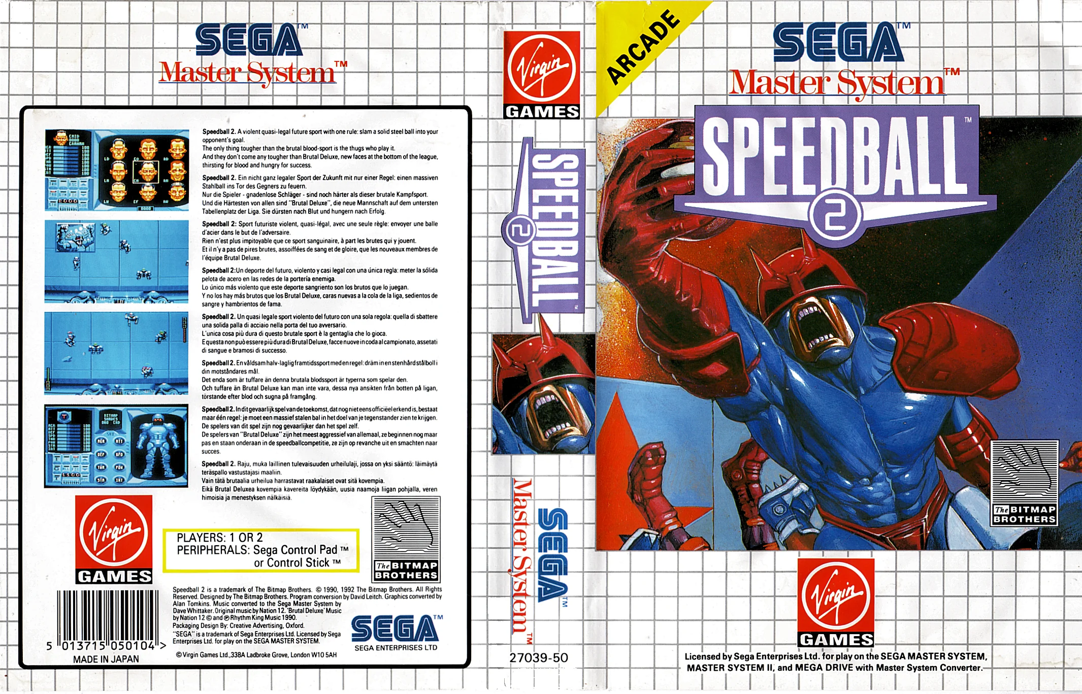 Caixa europea desplegada de Speedball 2 amb frontal, llom i contracoberta multilingüe.