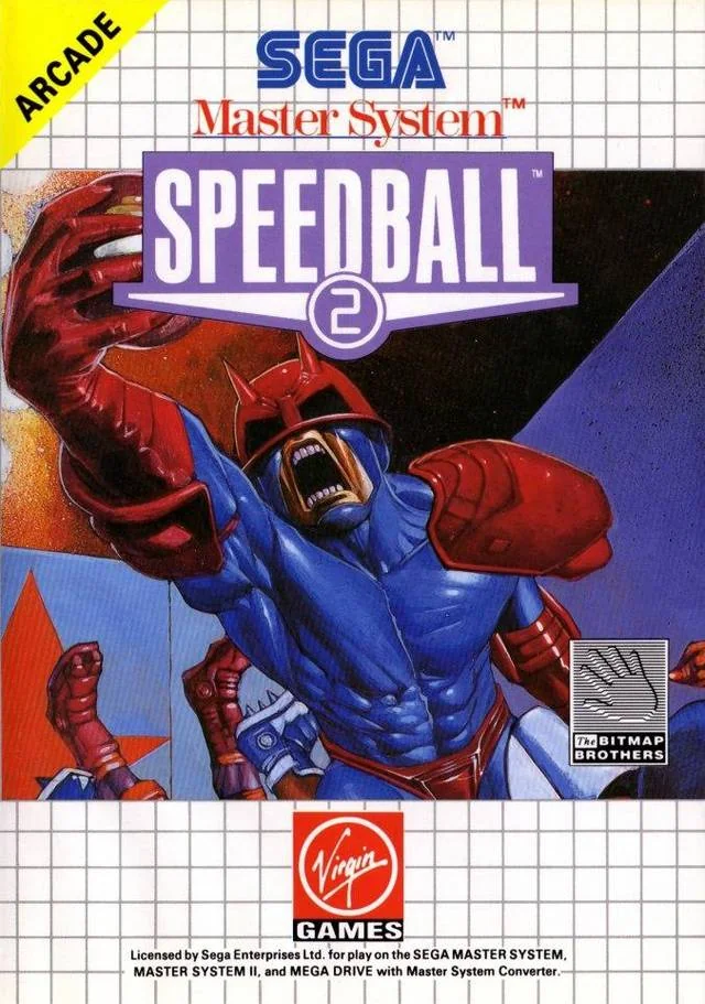 Caràtula europea de Speedball 2 per a Sega Master System, amb un jugador blindat alçant una pilota metàl·lica.