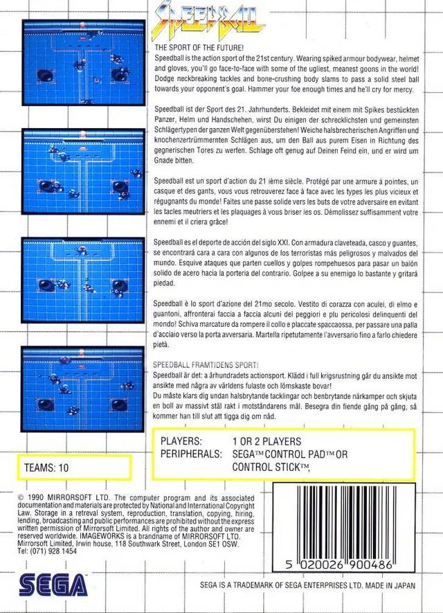 Contraportada europea d’Image Works amb quatre captures de partits i textos en cinc idiomes.