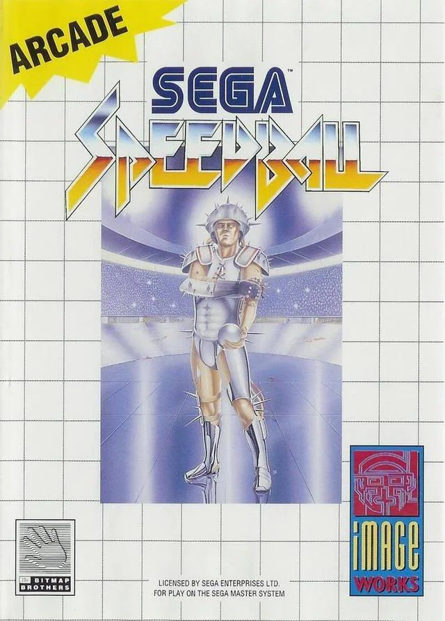 Portada europea d’Image Works de Speedball per a Sega Master System, amb un jugador blindat en una pista futurista.