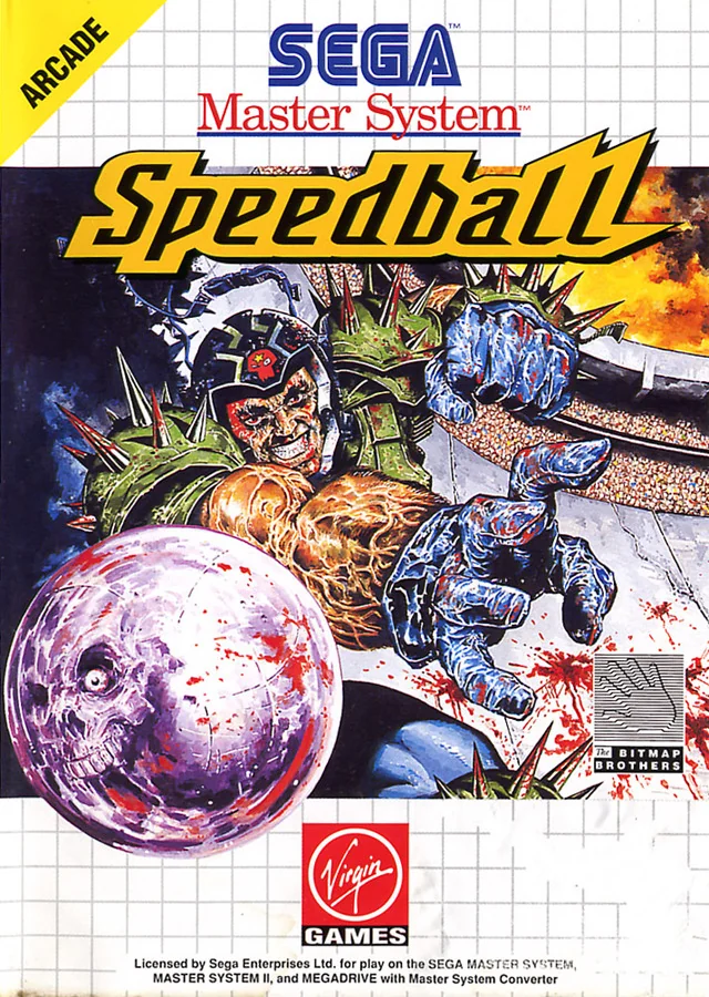 Portada europea de Virgin Games amb un jugador d’armadura verda i una gran pilota metàl·lica ensangonada.
