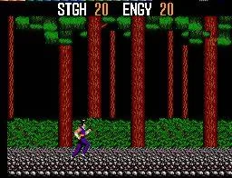 Kane avança per un bosc en una fase lateral de SpellCaster, amb STGH i ENGY visibles a la part superior.