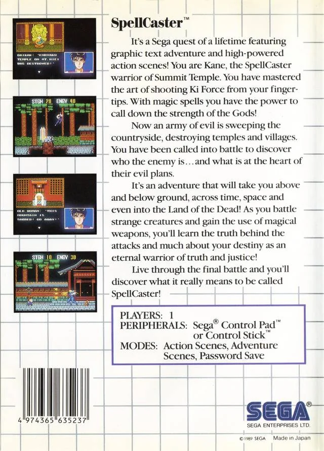 Contracoberta nord-americana de SpellCaster per a Sega Master System, amb text descriptiu i quatre captures.