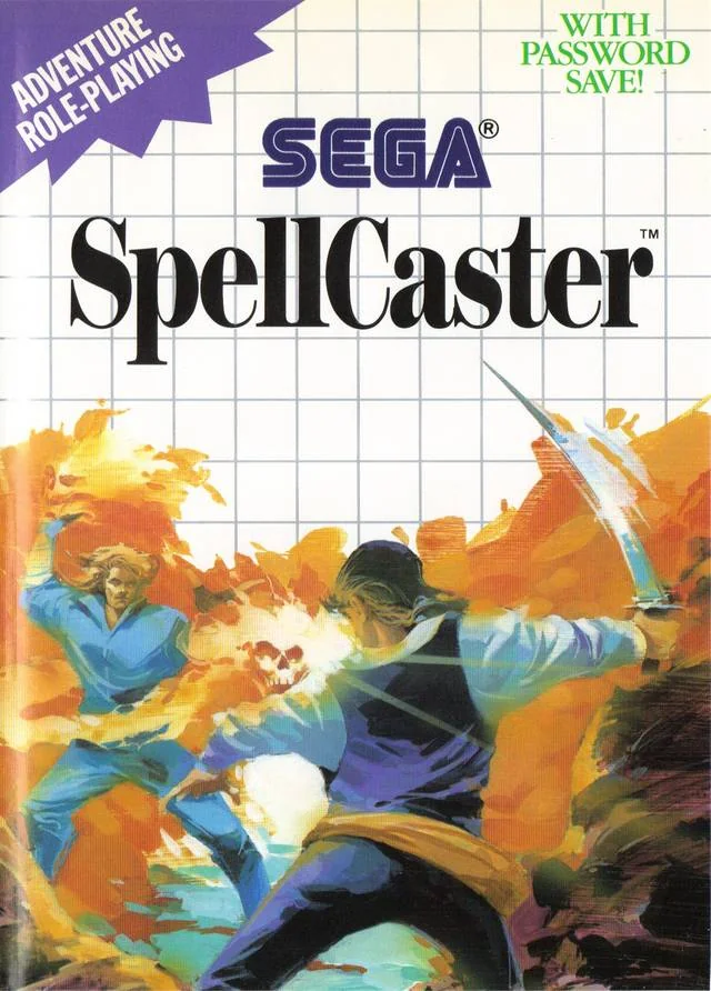 Caràtula frontal nord-americana de SpellCaster per a Sega Master System, amb dos combatents en plena confrontació.