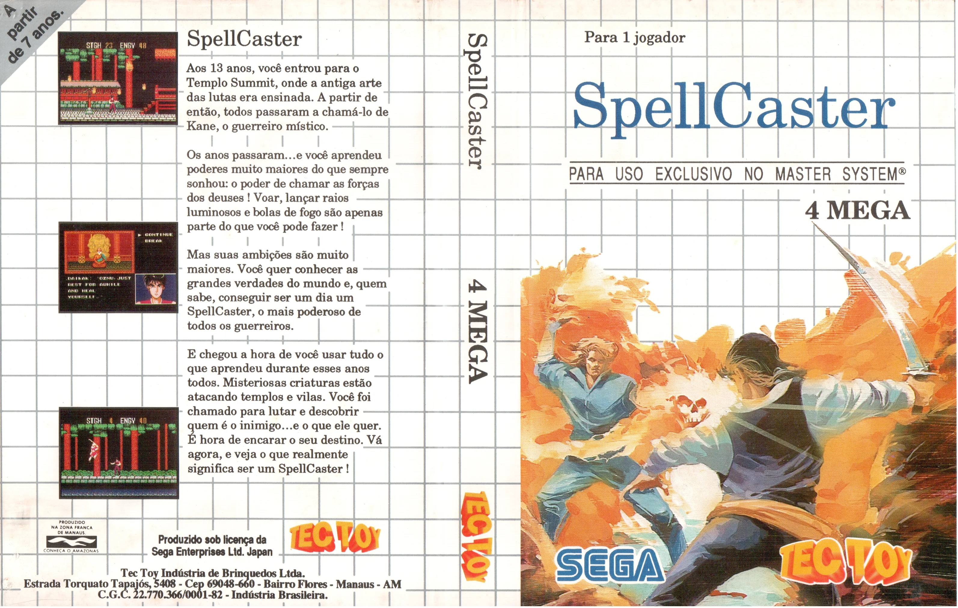 Caràtula desplegada brasilera de SpellCaster amb portada, contracoberta en portuguès i marques de Tec Toy.