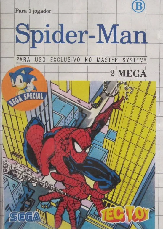 Portada brasilera de Spider-Man per a Master System, amb logotips de Sega i Tec Toy i el distintiu Sega Special.