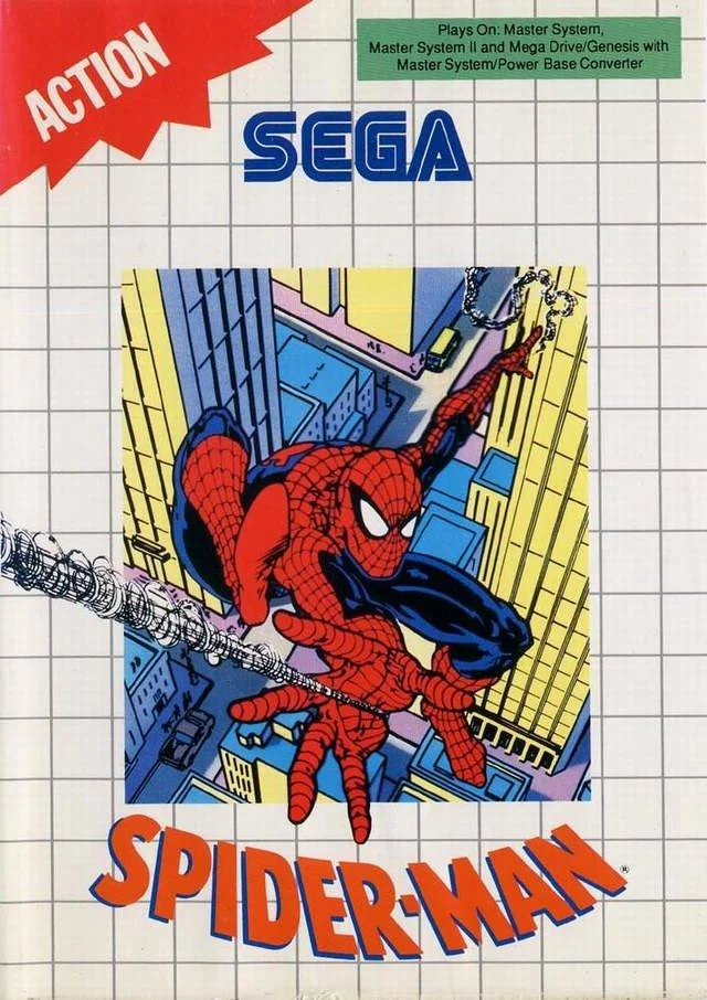 Portada europea de Spider-Man per a Sega Master System, amb l’heroi balancejant-se entre edificis.