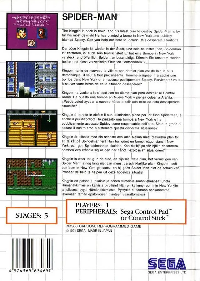Contraportada europea de Spider-Man per a Sega Master System, amb text multilingüe i quatre captures.