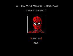 Pantalla de continuació amb el retrat de Spider-Man, dues continuacions restants i les opcions YES i NO.