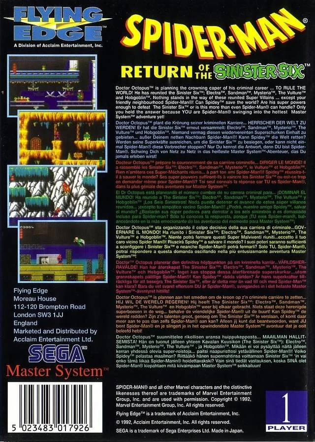 Contracoberta europea de Spider-Man: Return of the Sinister Six per a Sega Master System, amb captures i text multilingüe.