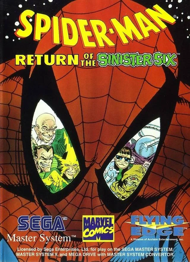 Caràtula frontal europea de Spider-Man: Return of the Sinister Six per a Sega Master System, amb els enemics reflectits als ulls de Spider-Man.
