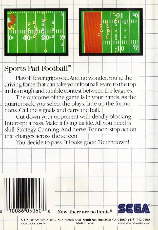 Contraportada nord-americana de Sports Pad Football amb dues captures del camp, text promocional i el logotip de Sega.