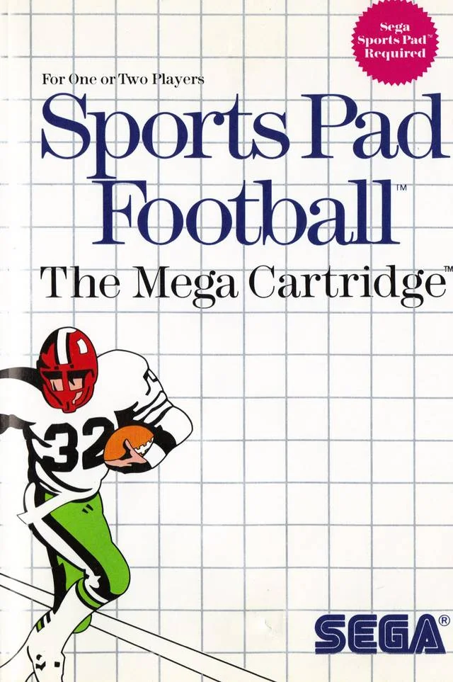 Portada nord-americana de Sports Pad Football amb un jugador, el logotip de Sega i l'avís que requereix el Sega Sports Pad.
