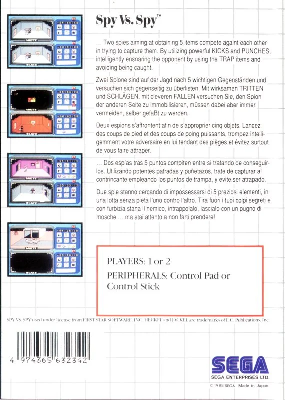 Contraportada europea de Spy vs Spy per a Sega Master System, amb captures i textos en cinc idiomes.