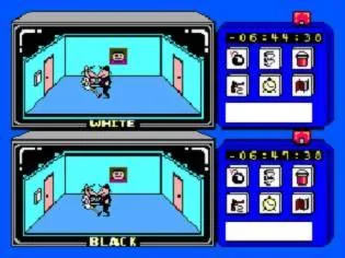 Els espies blanc i negre combatent dins una habitació blava de Spy vs Spy.