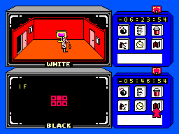 Mapa de Spy vs Spy obert a la meitat inferior de la pantalla, mentre l’altre espia continua en una habitació.