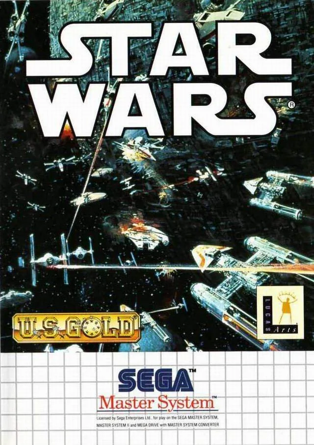 Portada europea de Star Wars per a Sega Master System, amb una batalla espacial.