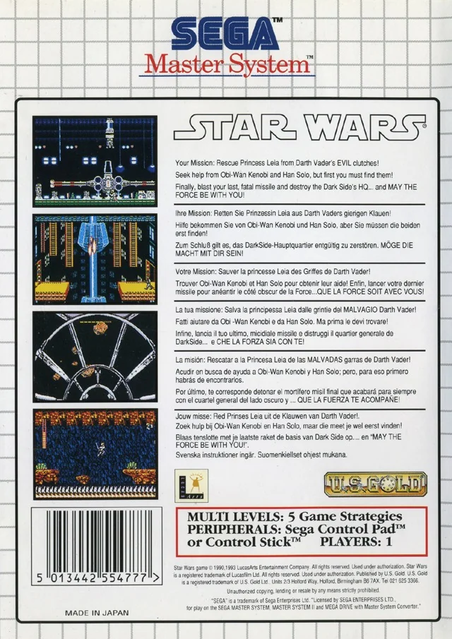 Contraportada europea de Star Wars per a Sega Master System, amb captures i text multilingüe.