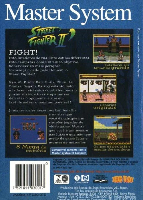 Contraportada brasilera de Street Fighter II per a Sega Master System, amb text portuguès, quatre captures i marques comercials.