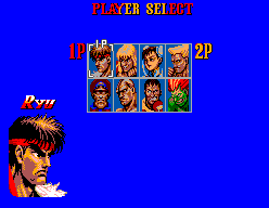 Pantalla de selecció de Street Fighter II amb vuit retrats i Ryu ressaltat.