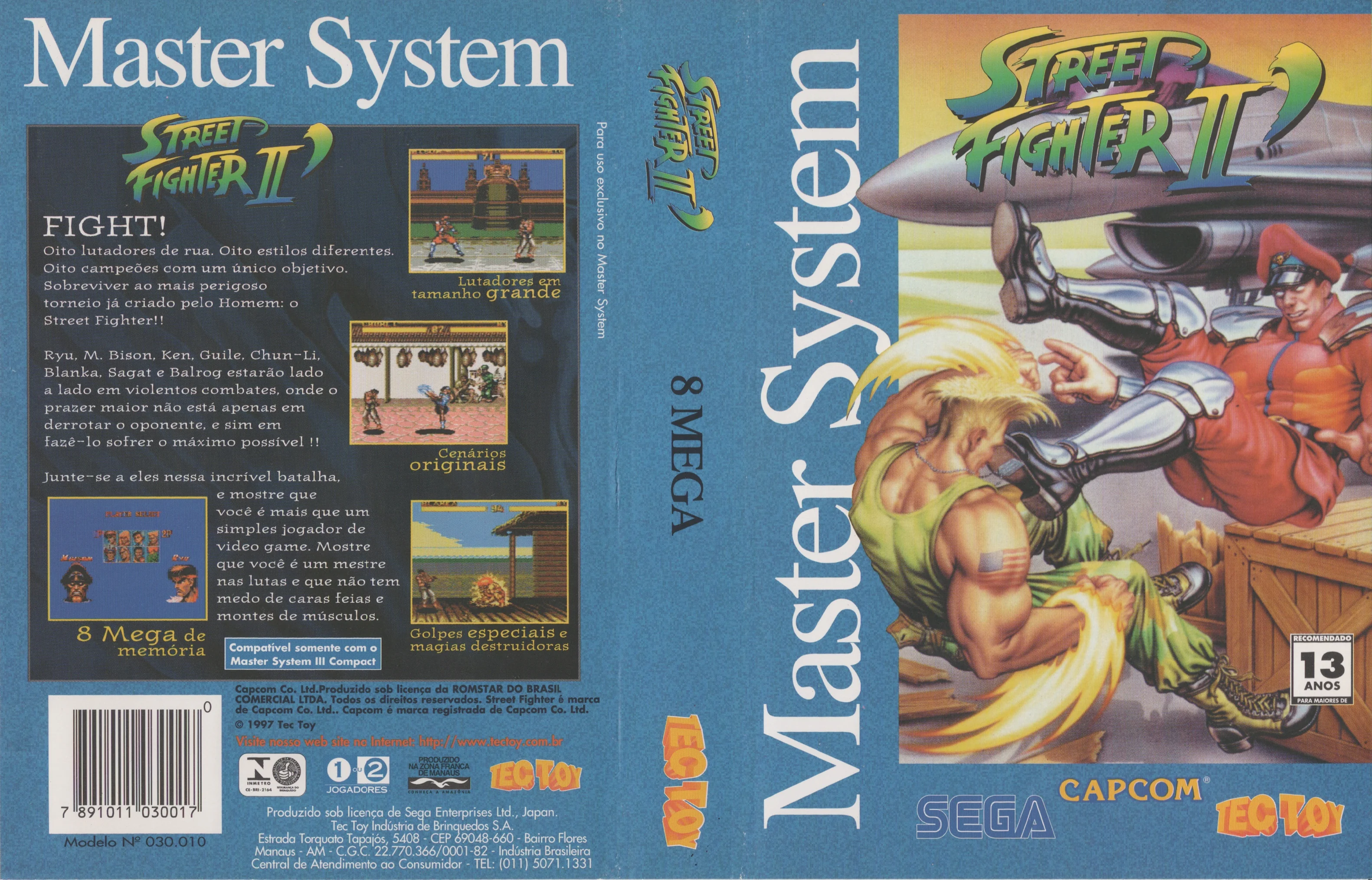 Escaneig complet de la caixa brasilera de Street Fighter II, amb frontal, llom i contraportada en portuguès.