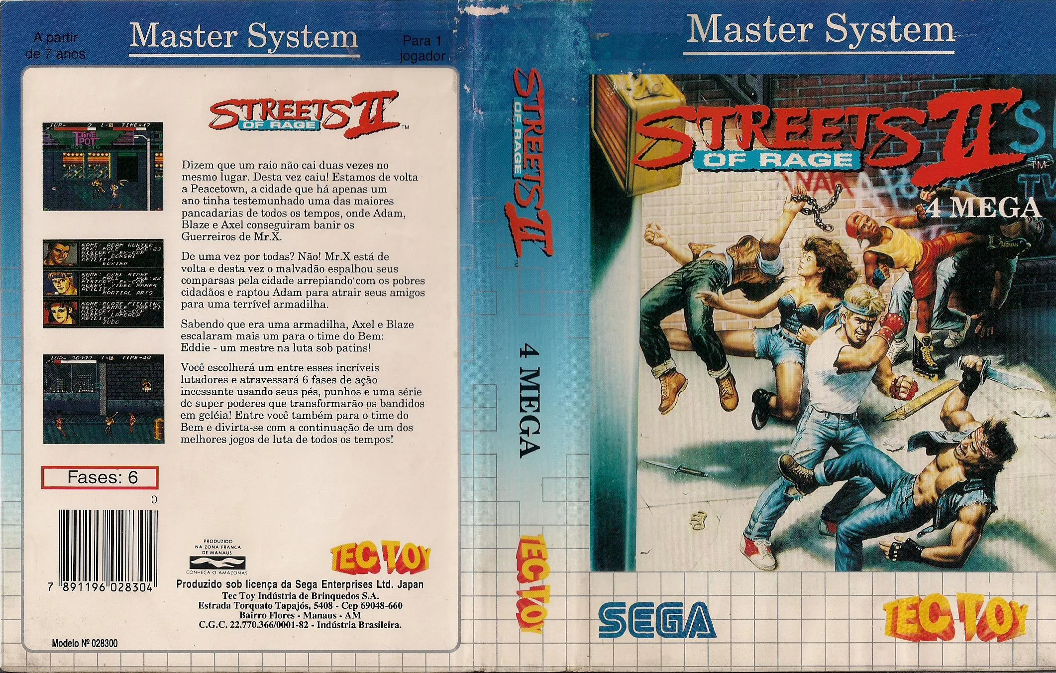 Caràtula desplegada brasilera de Streets of Rage II amb portada, llom, contraportada i marques de Sega i Tec Toy.