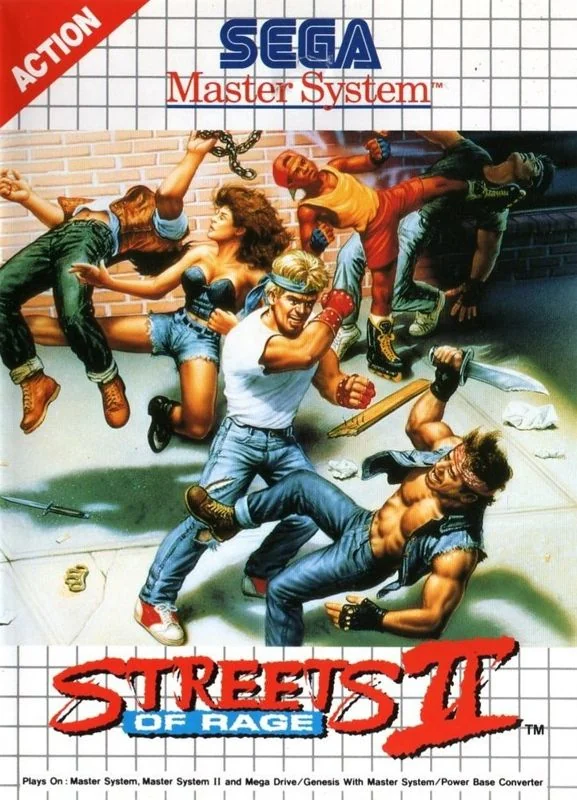 Portada europea de Streets of Rage II per a Sega Master System, amb els protagonistes lluitant al carrer.