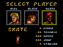 Pantalla de selecció amb Axel, Blaze i Skate i els seus atributs representats amb estrelles.