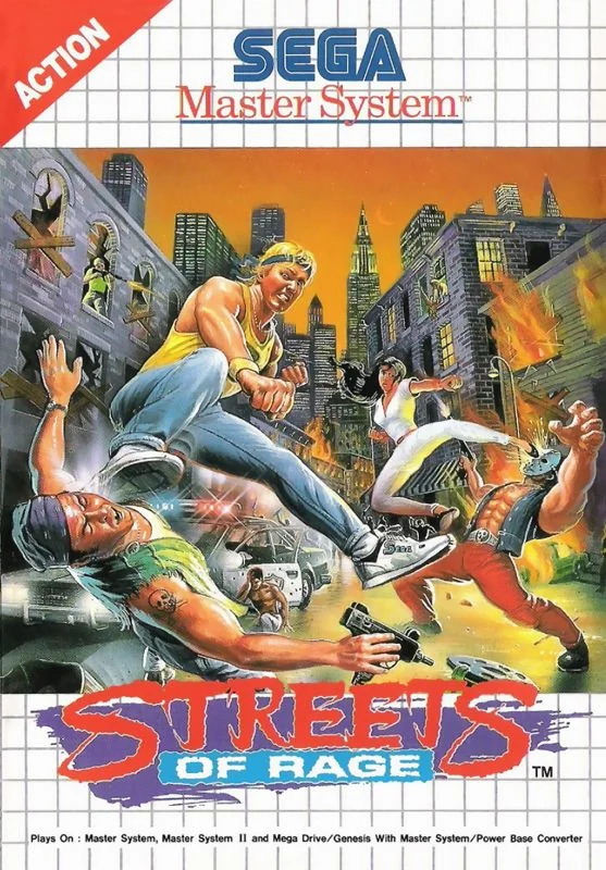 Portada europea de Streets of Rage per a Sega Master System, amb tres herois lluitant en un carrer.