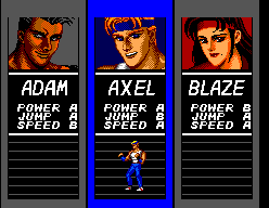 Pantalla de selecció amb Adam, Axel i Blaze i els indicadors de potència, salt i velocitat.
