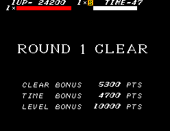 Pantalla ROUND 1 CLEAR amb les bonificacions de superació, temps i vida.