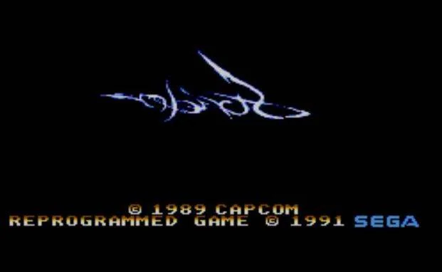 Pantalla de presentació de Strider amb els crèdits de Capcom de 1989 i de reprogramació de Sega de 1991.