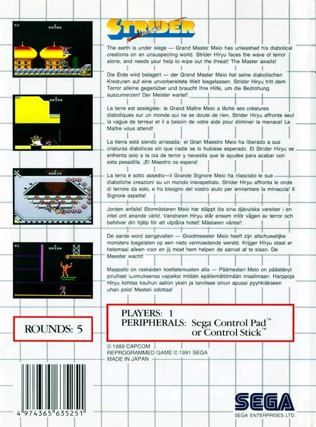 Contraportada europea de Strider per a Sega Master System, amb quatre captures i textos multilingües.