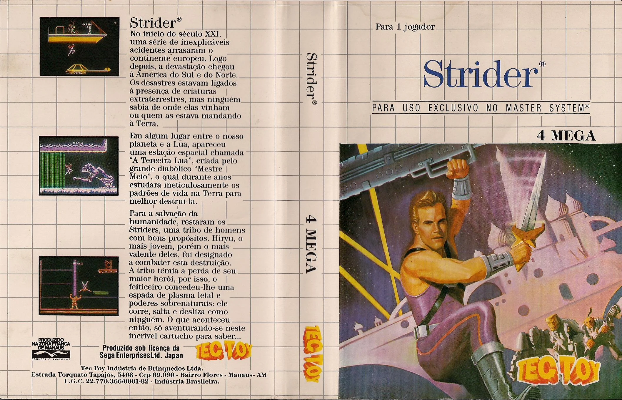 Caràtula brasilera desplegada de Strider, amb textos en portuguès, la marca Tec Toy i la indicació 4 MEGA.