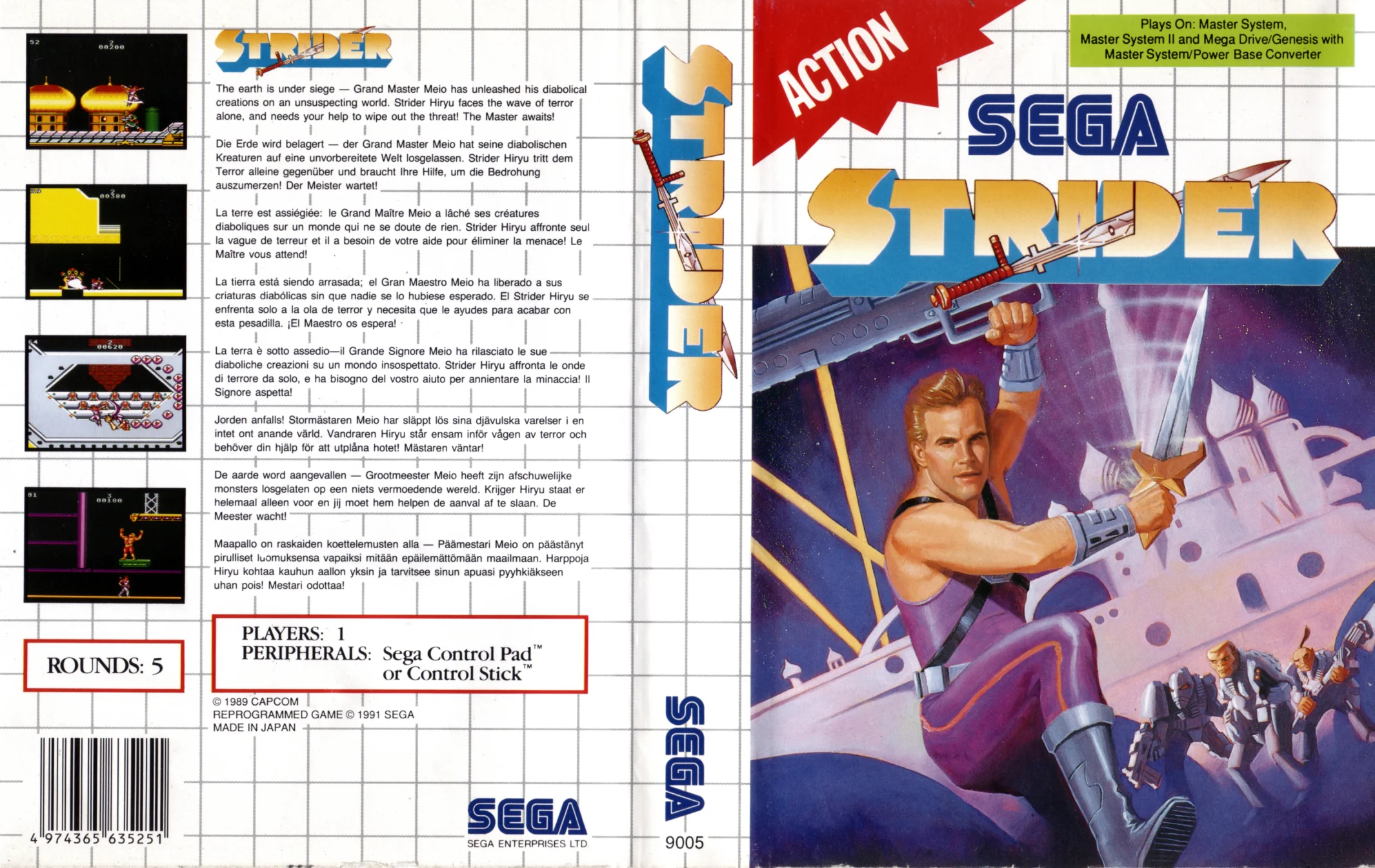 Caràtula europea desplegada de Strider per a Master System, amb anvers, llom i revers multilingüe.