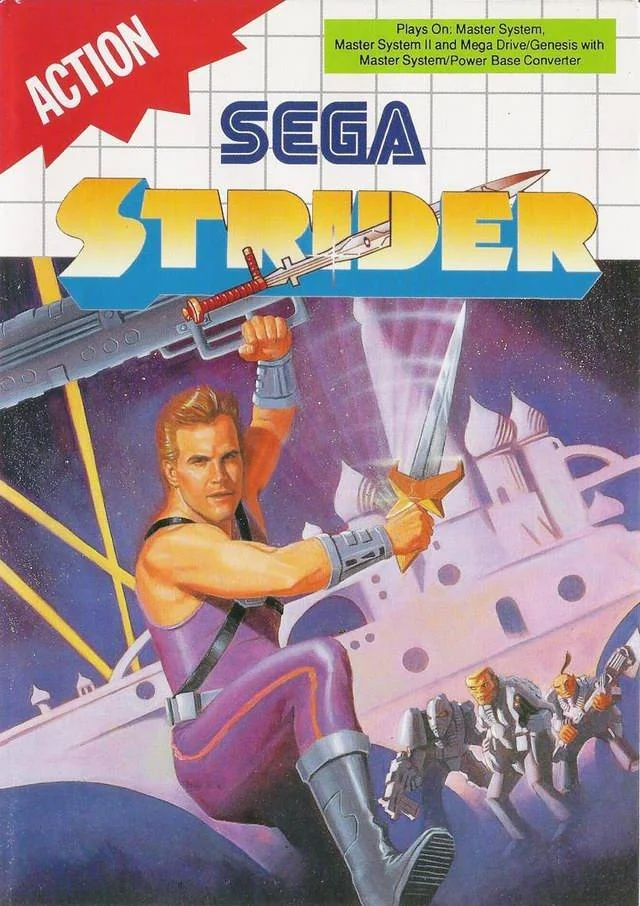 Portada europea de Strider per a Sega Master System, amb Hiryu davant d’una fortalesa.
