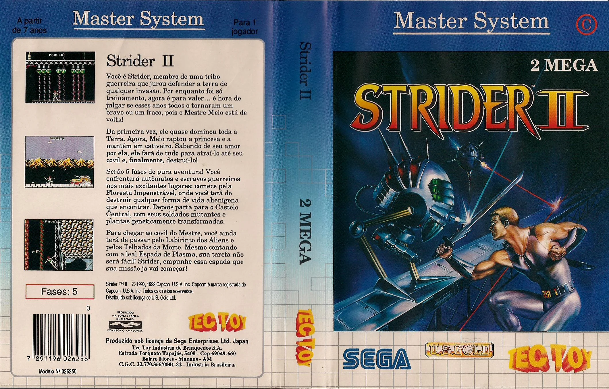 Capsa brasilera oberta de Strider II, amb textos en portuguès i marques de Tec Toy, Sega i U.S. Gold.