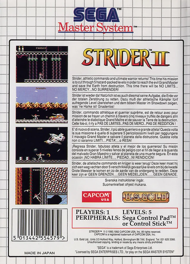 Contraportada europea de Strider II per a Sega Master System, amb textos multilingües i quatre captures.