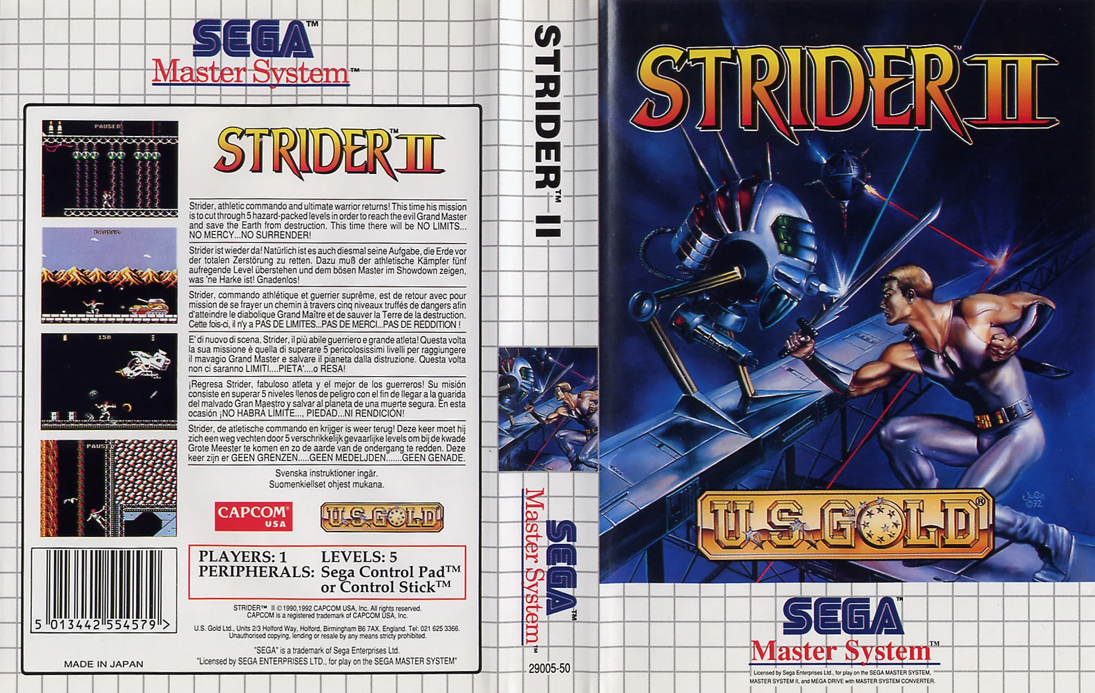 Capsa europea oberta de Strider II, amb la portada, el llom i la contraportada multilingüe.