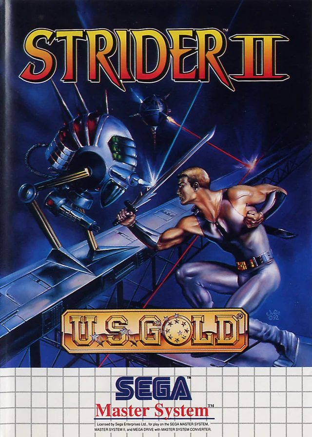 Portada europea de Strider II per a Sega Master System, amb Strider davant d’una màquina gegant.