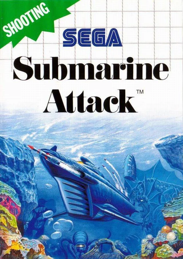 Portada europea de Submarine Attack per a Sega Master System, amb un submarí armat sota l’aigua.