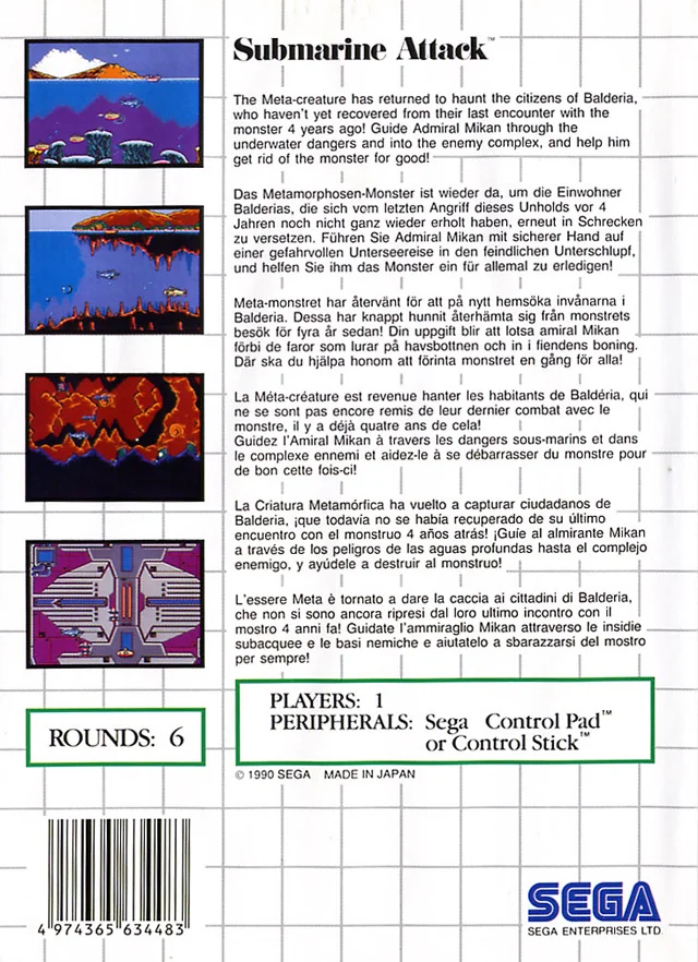 Contraportada europea de Submarine Attack per a Sega Master System, amb captures i textos multilingües.