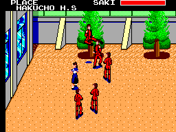 Saki combat davant l’entrada de Hakucho H.S. mentre diversos adversaris l’envolten i els mesuradors ocupen la franja superior.