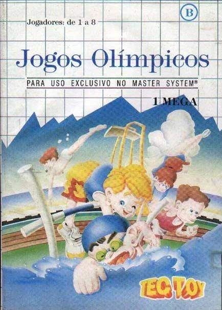 Portada brasilera de Jogos Olímpicos per a Master System, amb la indicació 1 Mega i diversos atletes.