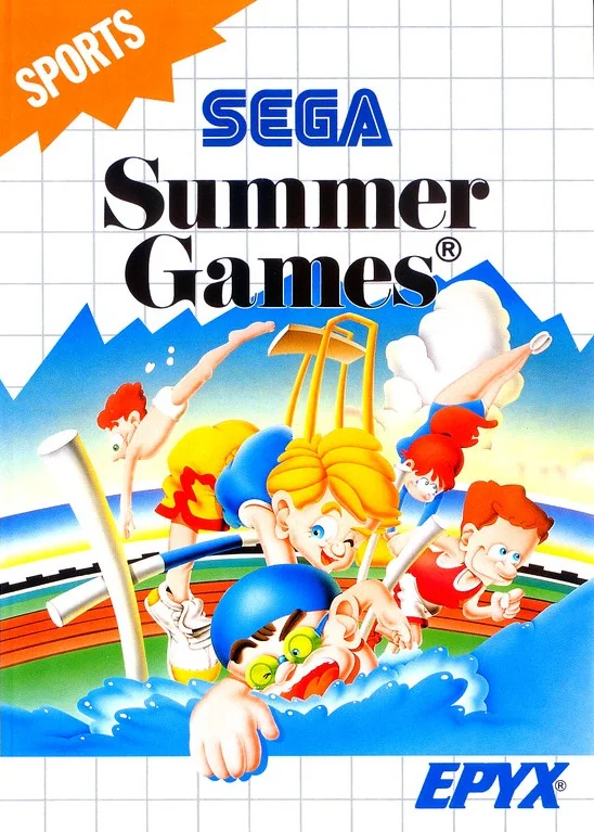 Portada europea de Summer Games per a Sega Master System, il·lustrada amb cinc atletes.