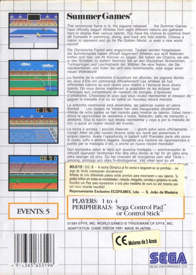 Contraportada europea de Summer Games per a Sega Master System, amb quatre captures i textos multilingües.