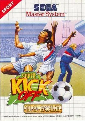 Caràtula frontal europea de Super Kick-Off per a Sega Master System, amb tres futbolistes disputant una pilota.